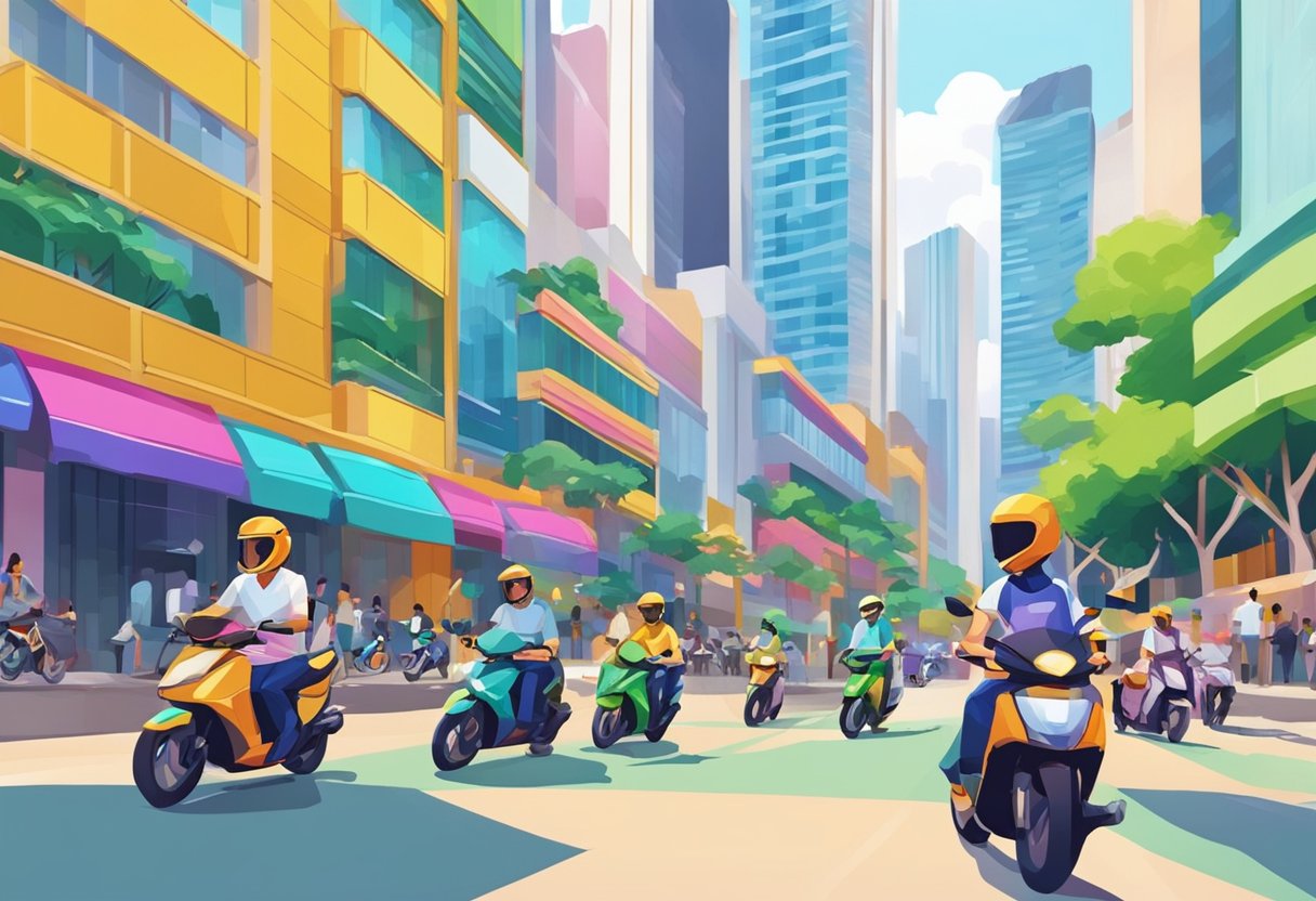 A vibrant city street with colorful Gojek motorcycles zipping through traffic in Singapore. Tall buildings and bustling activity create a lively atmosphere
