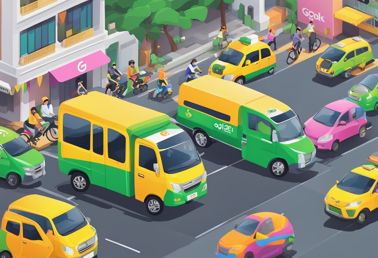 A bustling Singapore street with colorful Gojek vehicles weaving through traffic, with the iconic logo prominently displayed on their exteriors