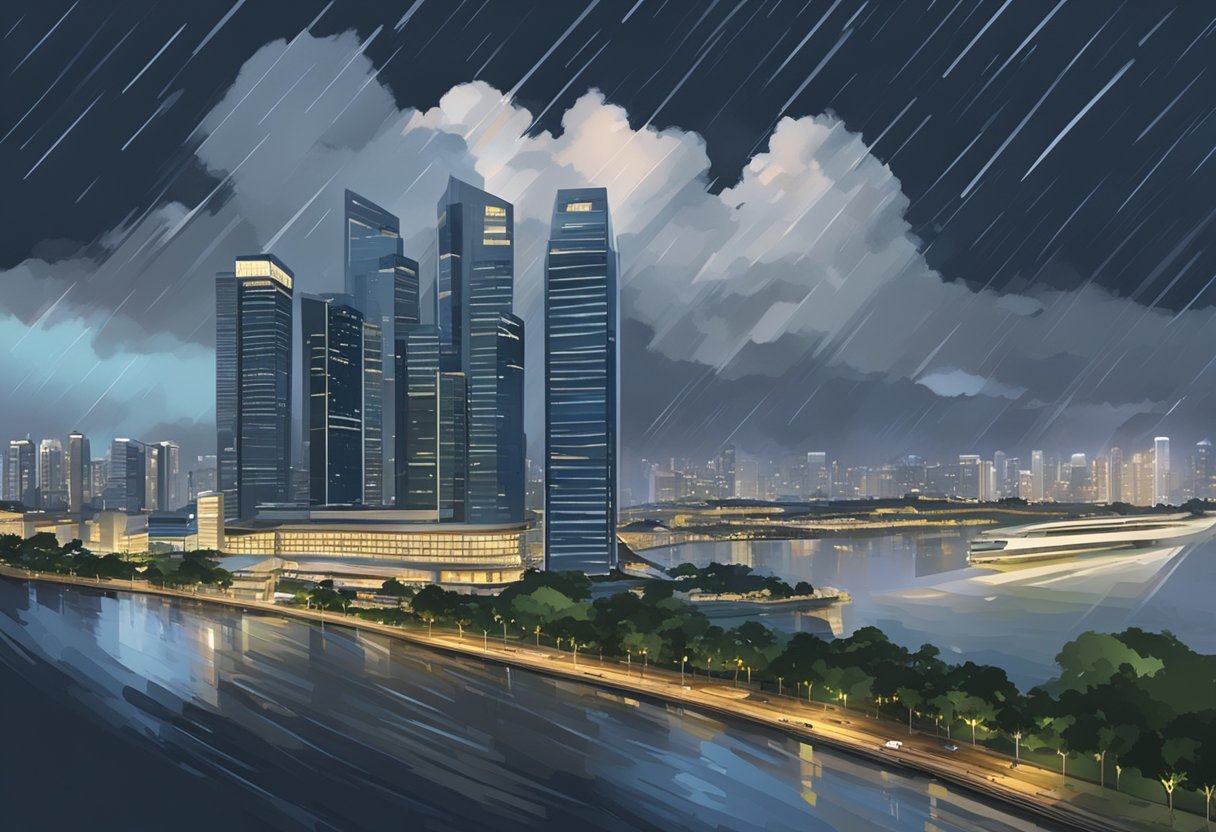 Dark rain clouds loom over the Singapore skyline, casting a shadow over the city as rain begins to fall in heavy sheets