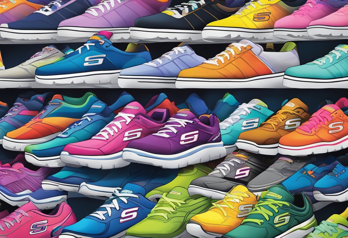 A colorful array of Skechers shoes on display at a vibrant Singapore outlet