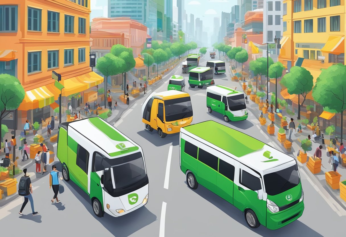 A bustling city street with Gojek vehicles navigating traffic and delivering goods, while customers use the app to order services