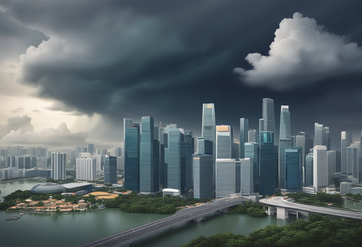 Dark rain clouds loom over the city of Singapore, while advanced technological tools are used to predict and track the approaching storm