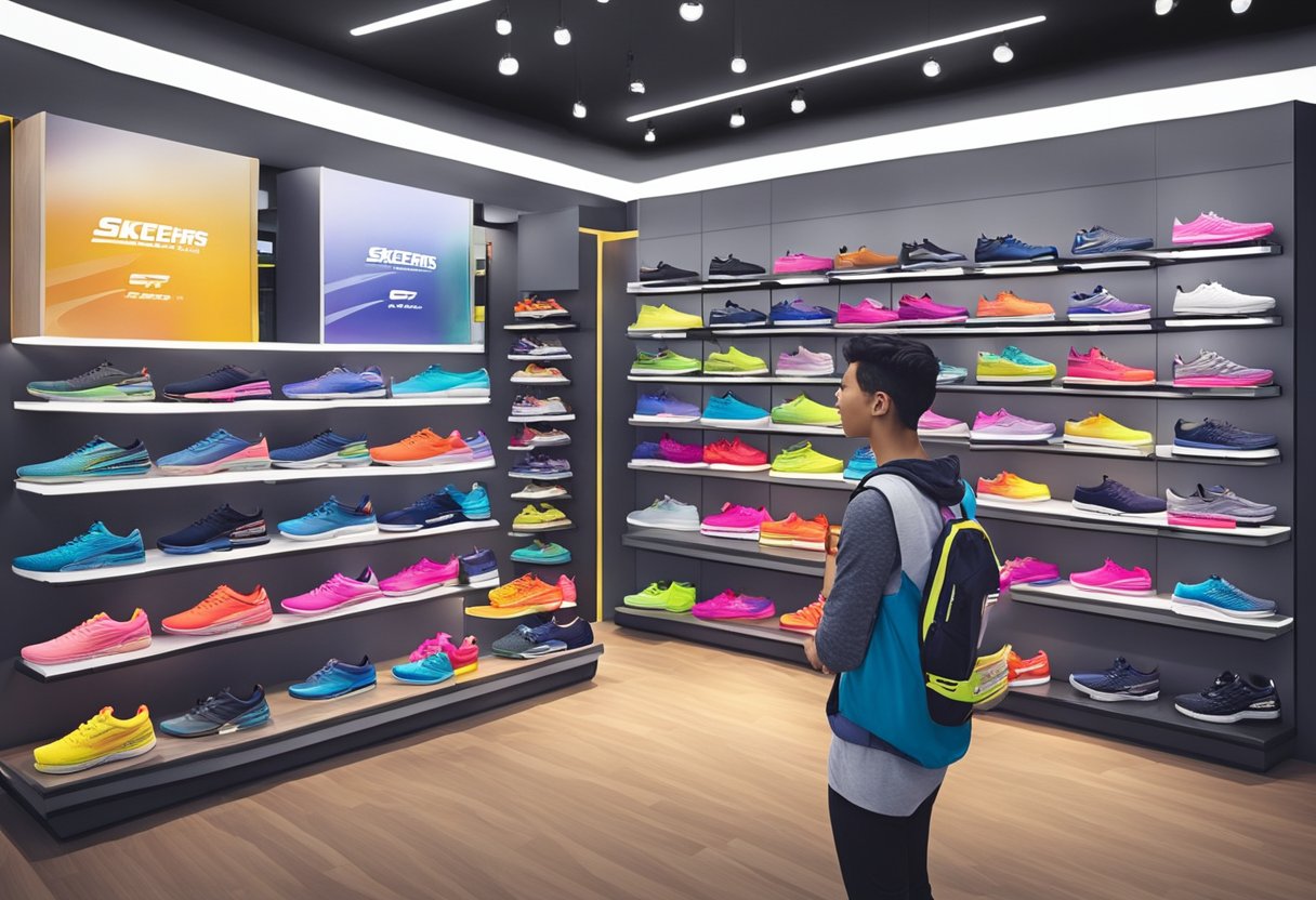 Customers browse colorful displays at Skechers Singapore Outlet. Brightly lit shelves showcase a variety of athletic and casual footwear