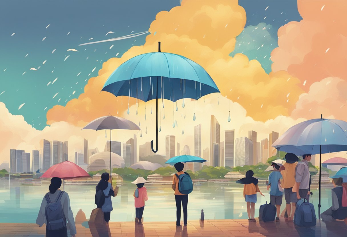 A rain cloud hovering over the skyline of Singapore, with the cityscape below and people holding umbrellas