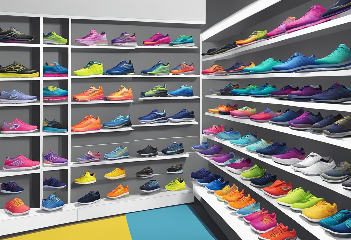 A colorful array of Skechers shoes displayed on shelves at a sleek and modern Singapore outlet