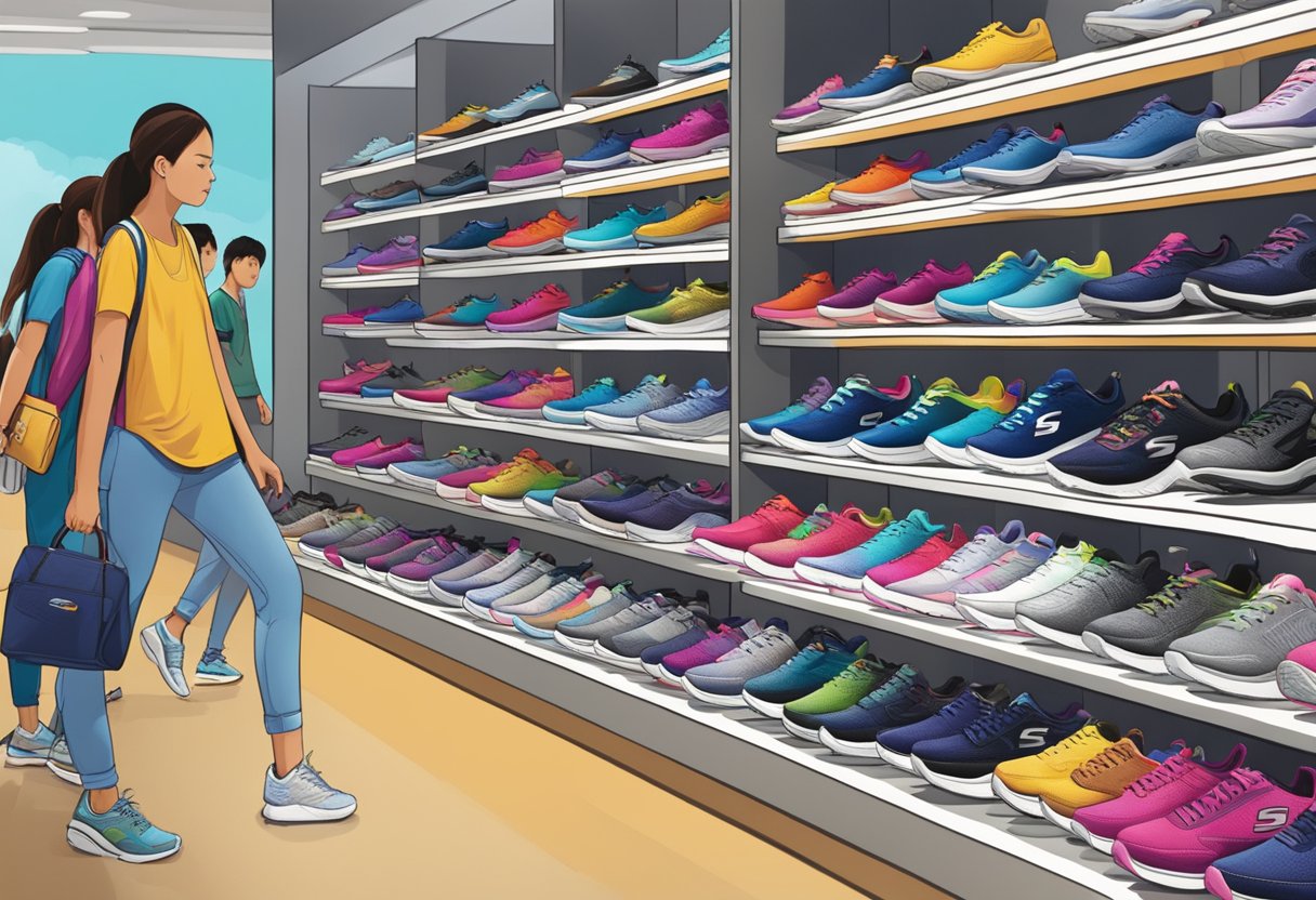 Customers browsing through rows of Skechers shoes at the Singapore outlet