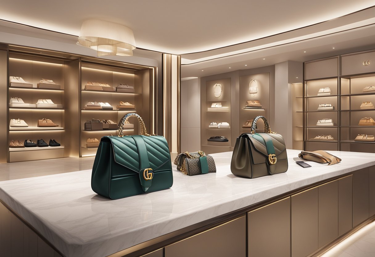 A luxurious Gucci bag displayed on a sleek, modern counter in a high-end boutique in Singapore. The bag is surrounded by elegant branding and soft, ambient lighting