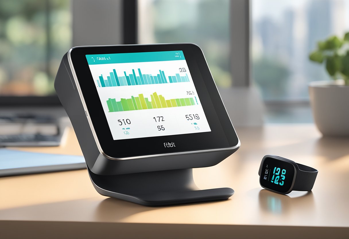 A Fitbit device sitting on a clean, modern desk in a well-lit room in Singapore. The device is sleek and black, with a digital display showing fitness data