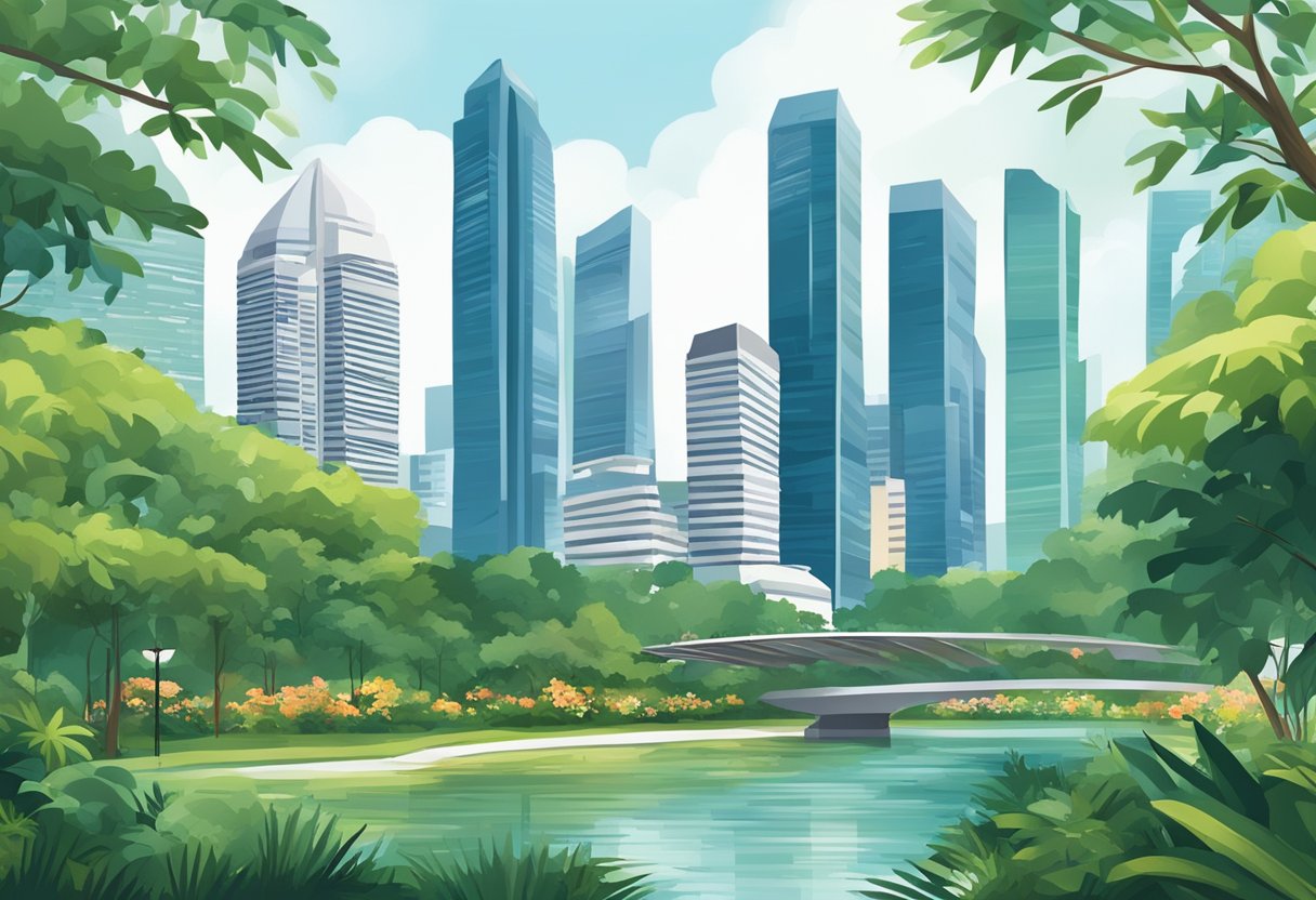 A bustling cityscape with iconic skyscrapers and lush greenery, showcasing the modernity and natural beauty of Singapore