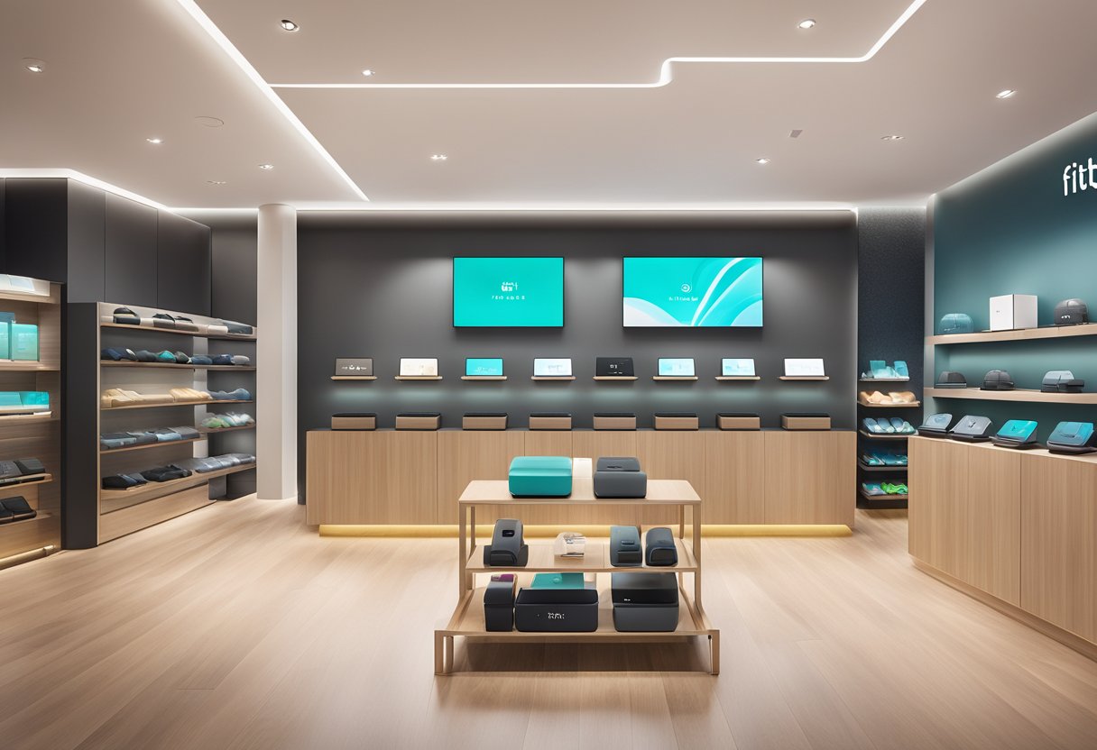 A display of Fitbit products in a sleek Singapore store, featuring the latest models and accessories. Bright lighting and modern decor create an inviting atmosphere for customers to explore the fitness technology