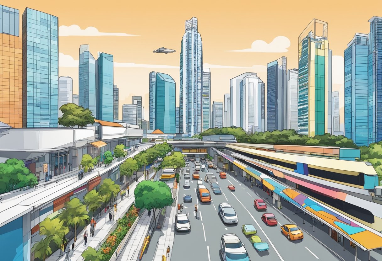 Tall buildings and modern architecture fill the skyline of Hardware City, Singapore. The city is bustling with activity, with cars and pedestrians moving through the streets