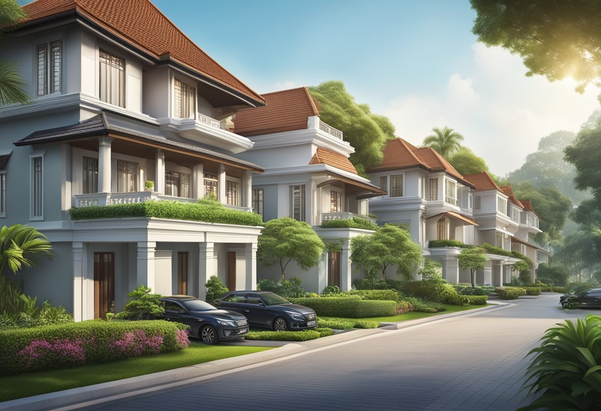 A row of grand, elegant Good Class Bungalows in Singapore, surrounded by lush greenery and manicured gardens, exuding luxury and exclusivity