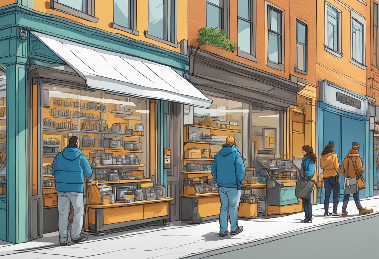 People strolling past vibrant storefronts in Hardware City, admiring the array of tools and equipment on display
