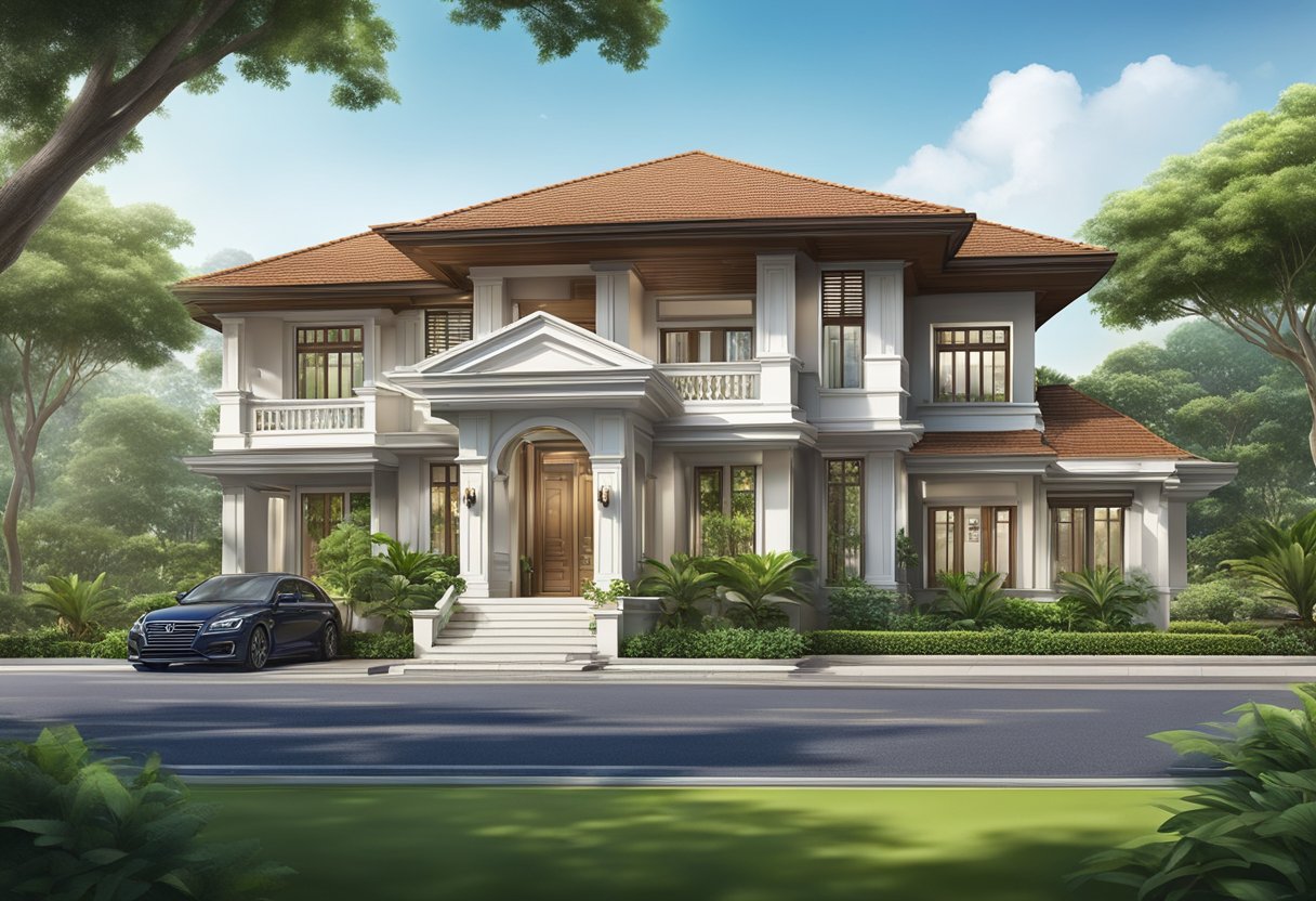 A luxurious Good Class Bungalow in Singapore, surrounded by lush greenery and a grand entrance, exuding opulence and exclusivity