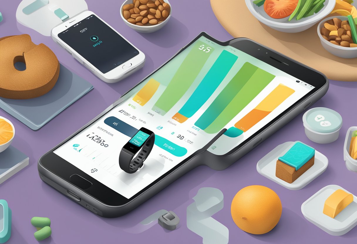 A Fitbit device placed on a wrist, with a smartphone displaying the Fitbit app in the background, surrounded by fitness equipment and healthy snacks