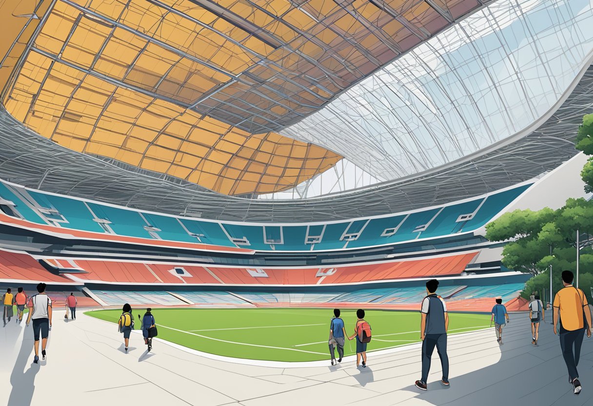 People walking inside Singapore's Stadium Singapura, with the stadium's architecture and design as the main focus