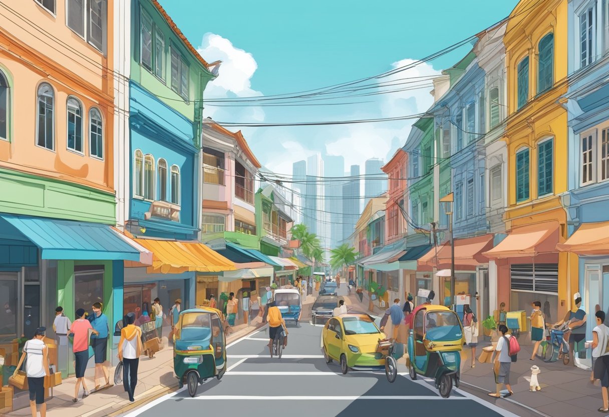 A bustling street in Ridout Road, Singapore, lined with vibrant shophouses and colorful signage, with people going about their daily activities