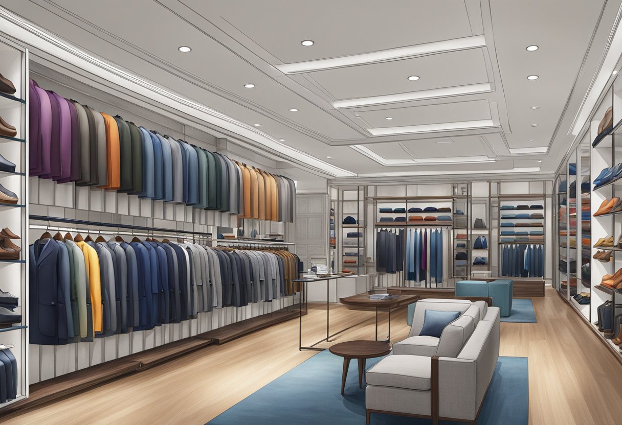 The Suit Supply store in Singapore features sleek, modern interior with racks of finely tailored suits and colorful accessories on display