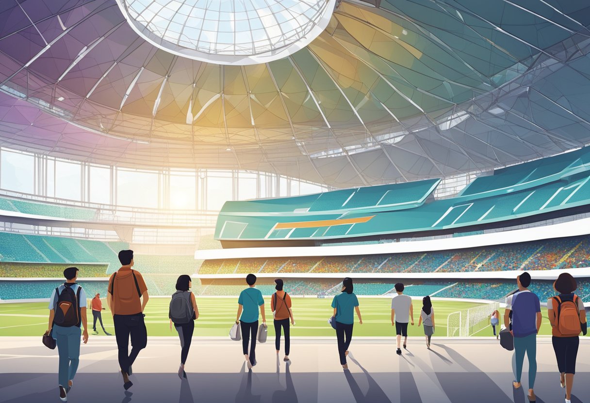 People stroll through Stadium Walk Indoor Stadium, admiring the modern architecture and vibrant atmosphere of Singapore's sports hub