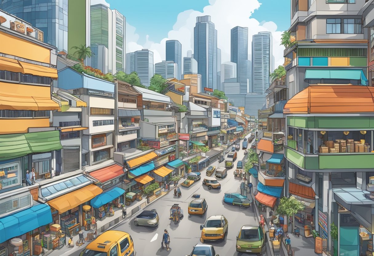 A bustling hardware city in Singapore, with tall buildings, busy streets, and a variety of hardware stores and vendors