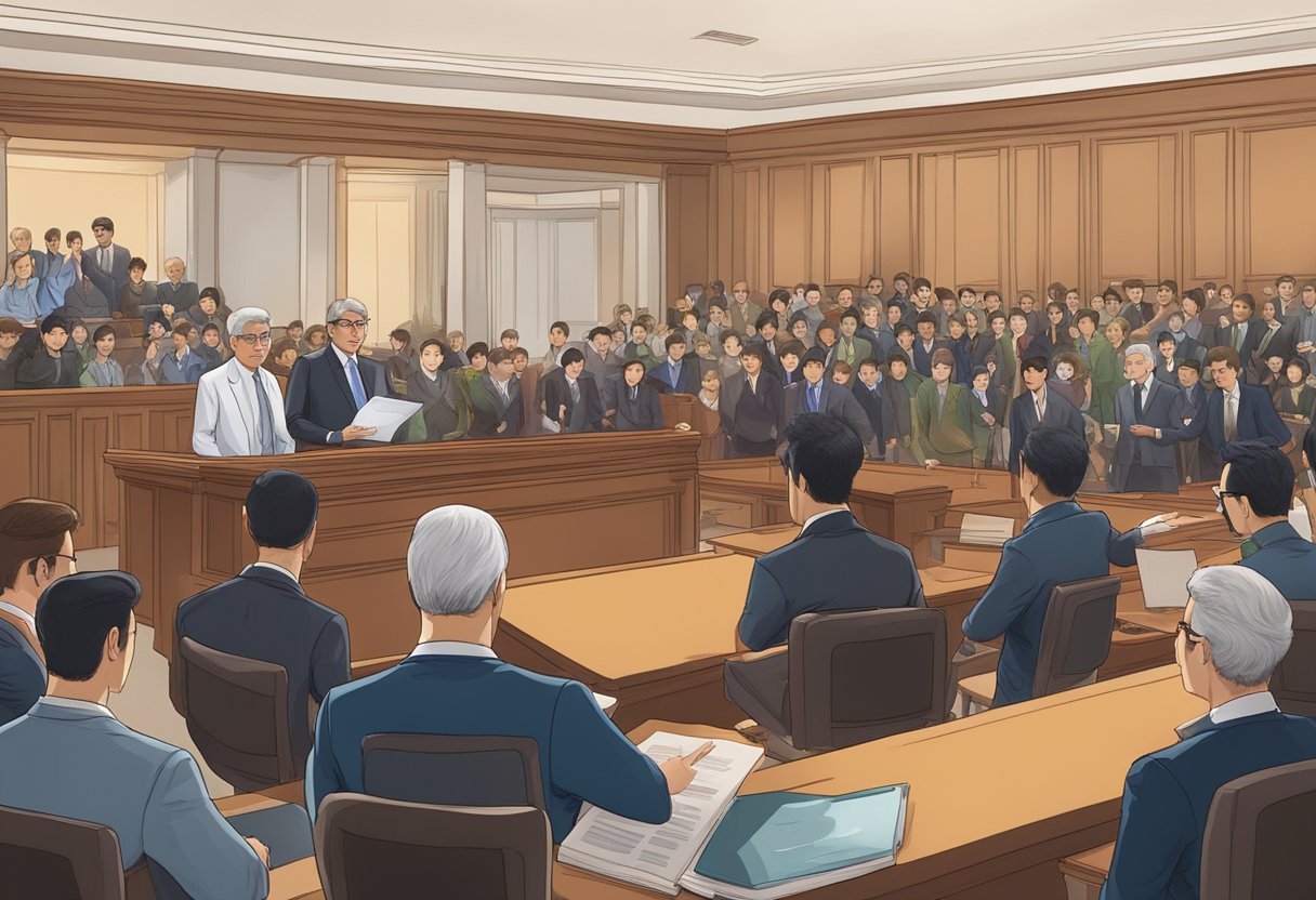 A courtroom with lawyers presenting arguments, surrounded by a crowd of onlookers and media, all focused on a legal case regarding Ridout Road, Singapore