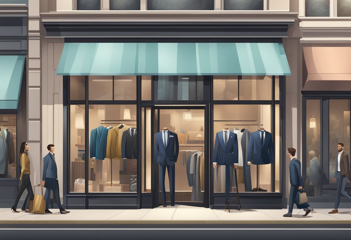 A modern, sleek storefront with large windows, displaying a variety of stylish suits and accessories. The storefront is located in a bustling urban area with people walking by