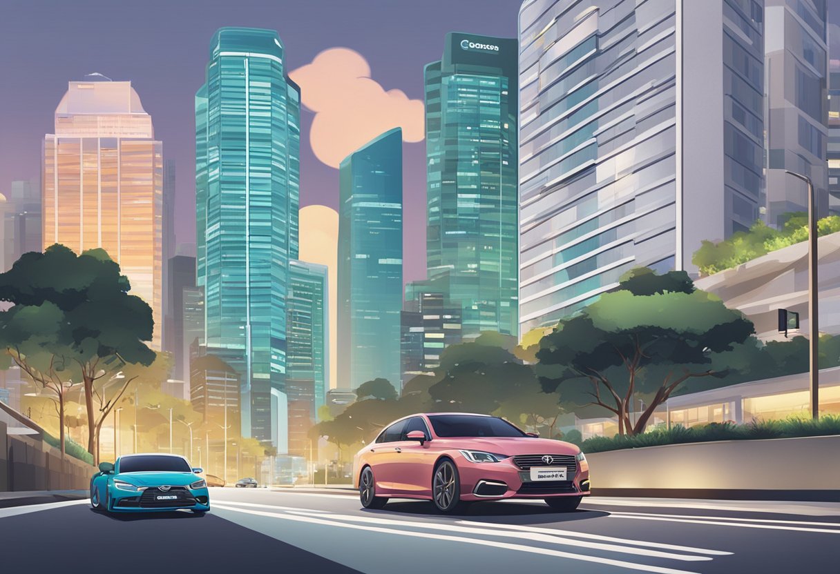 Cars driving on Ridout Road, Singapore. Signage with "Frequently Asked Questions" visible. Tall buildings in the background