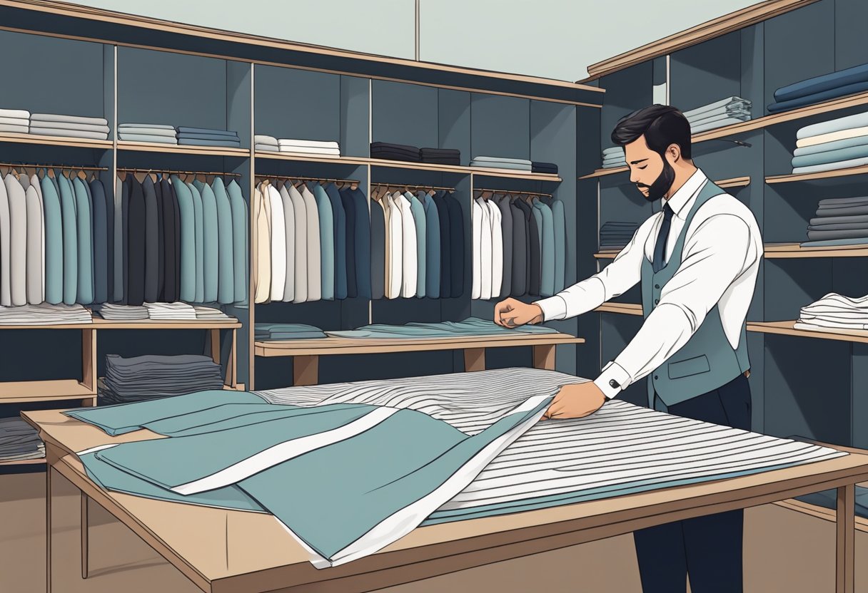 A tailor carefully selects fabrics and measures them for a custom suit at a stylish boutique in Singapore