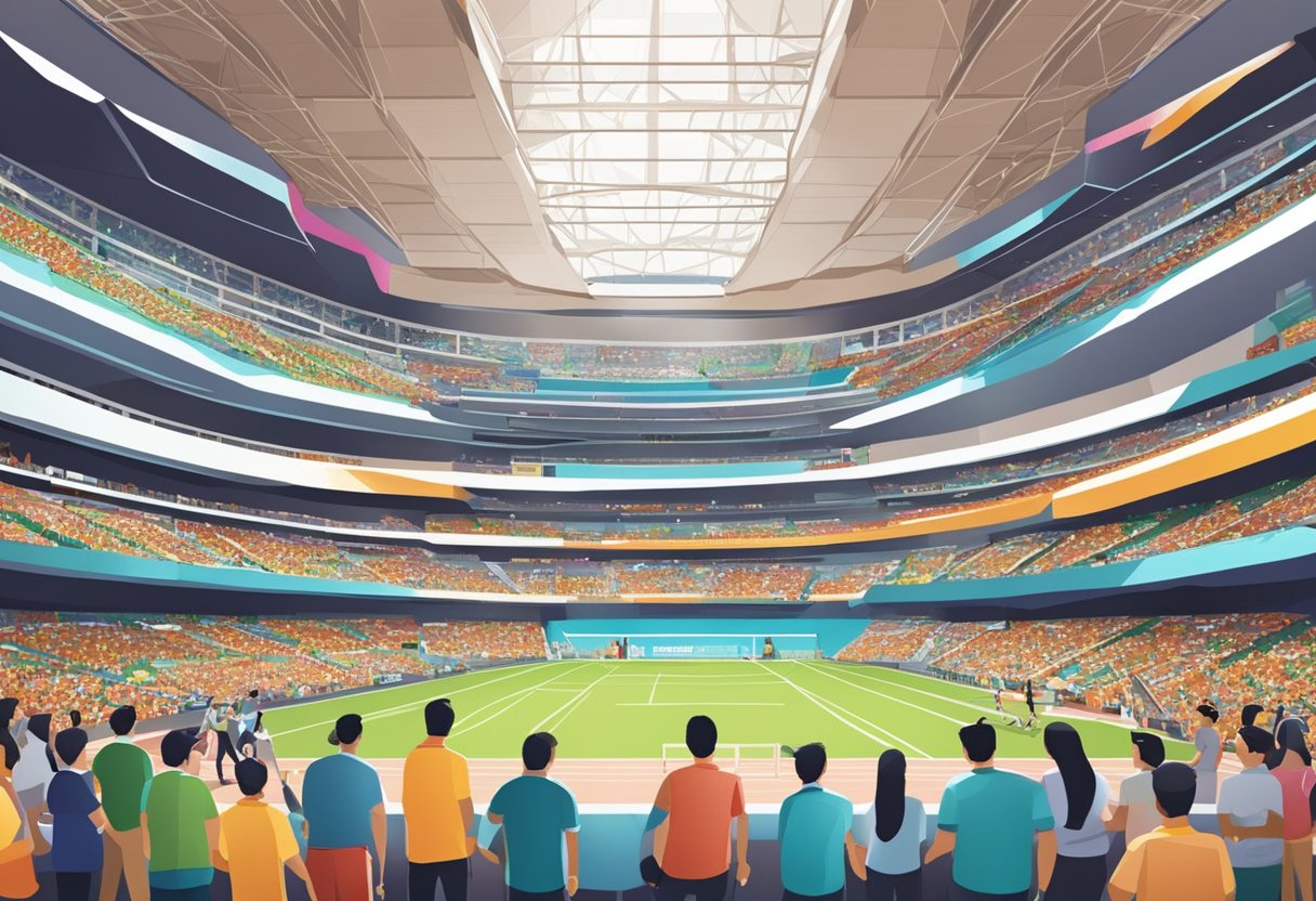 A bustling indoor stadium in Singapore, with colorful visitor information signs and a lively atmosphere
