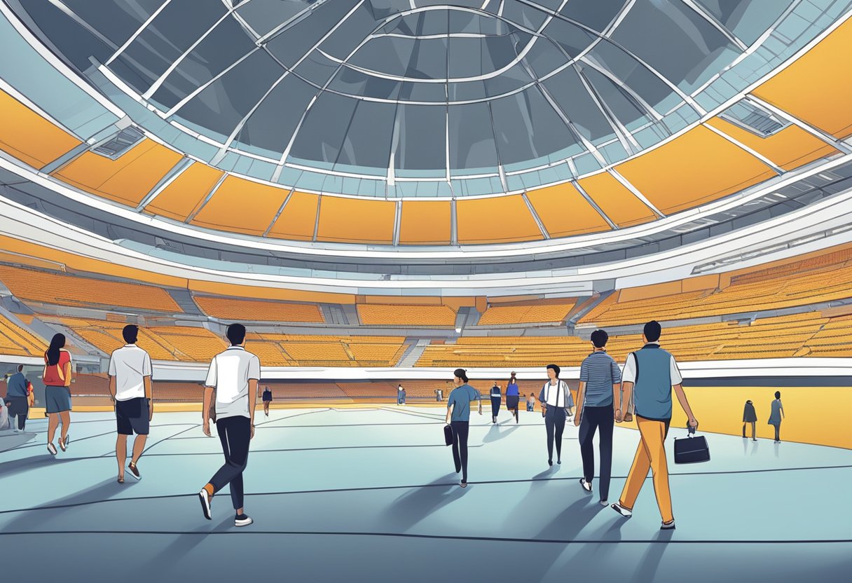 People walking in a modern indoor stadium in Singapore, with a "Frequently Asked Questions" sign prominently displayed