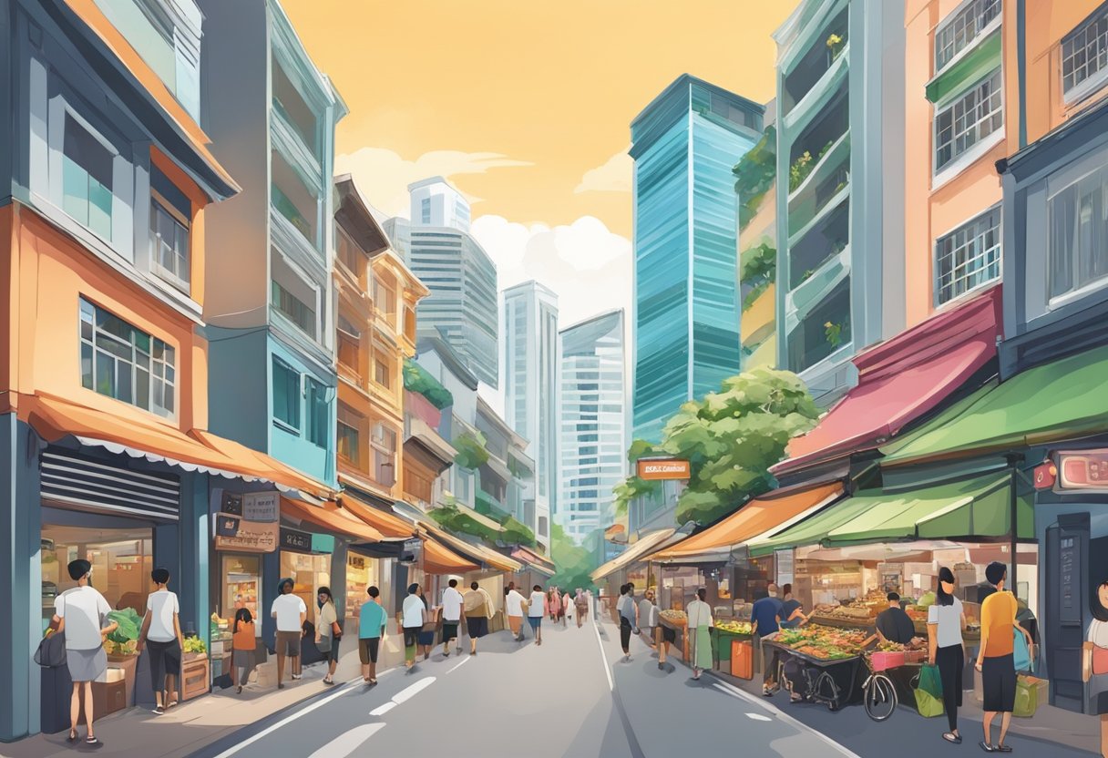 The bustling streets of Singapore's Gaig district, with colorful shopfronts and busy markets. Tall buildings tower overhead, while the smell of street food fills the air