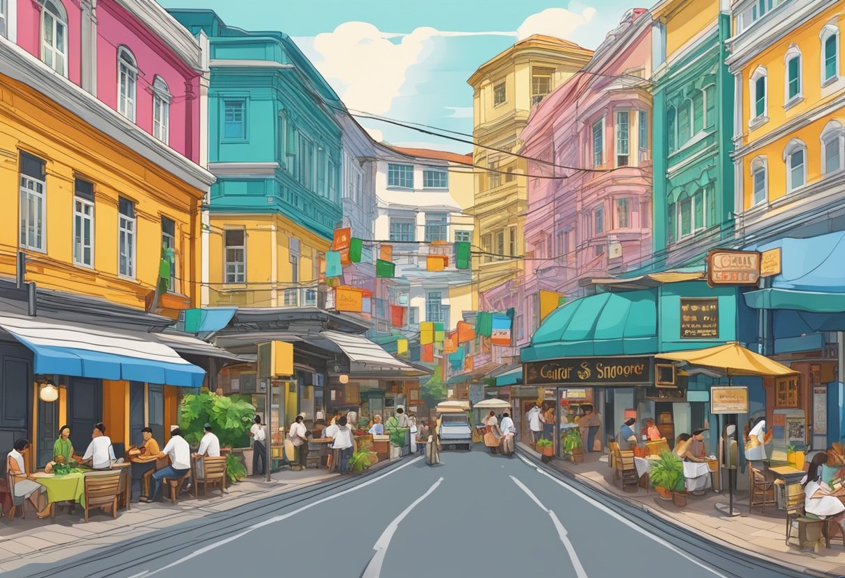 A vibrant street scene in Singapore, with colorful buildings and bustling activity, featuring the iconic Gaig Singapore restaurant sign
