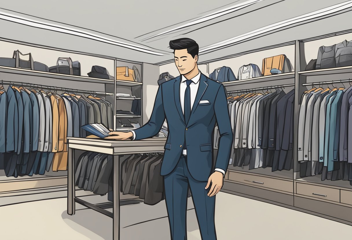 A customer browsing through a rack of suits with a sign reading "Frequently Asked Questions" in a modern, stylish suit supply store in Singapore