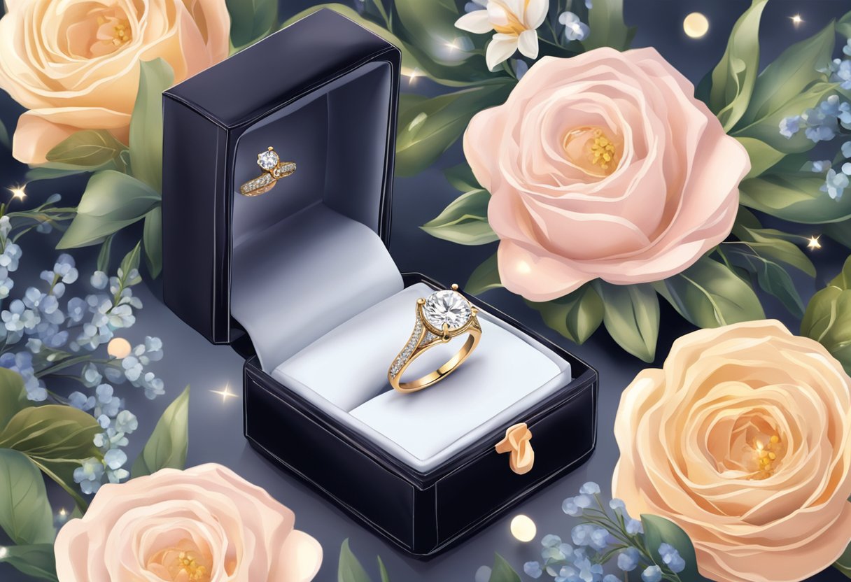 A sparkling engagement ring rests on a velvet box, surrounded by soft candlelight and fresh flowers