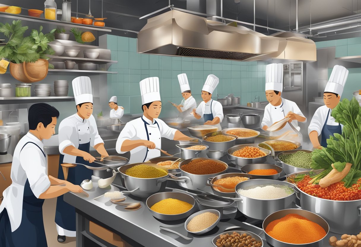 A bustling kitchen with chefs preparing traditional and modern Singaporean dishes, surrounded by colorful spices and exotic ingredients
