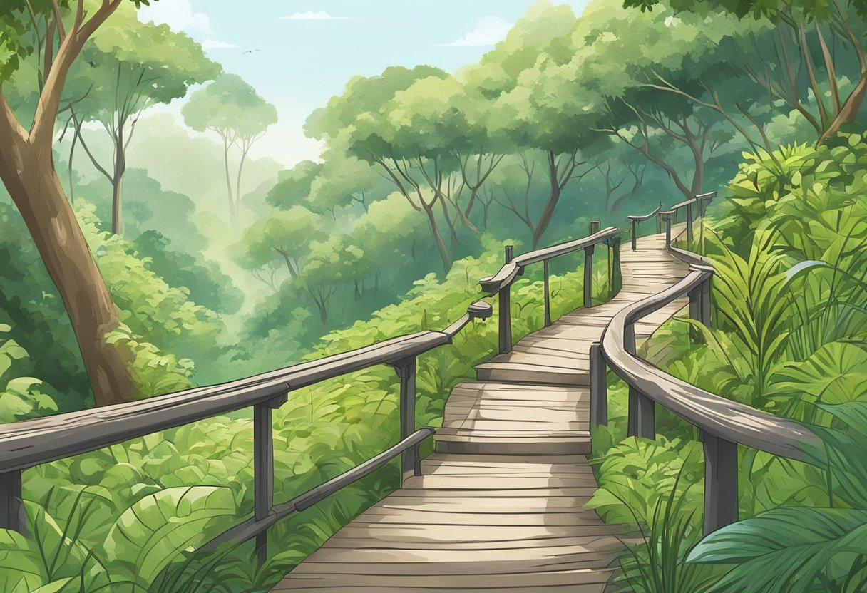 Hiking trails in Singapore, with lush greenery, winding paths, and informative signposts. The trails are well-maintained and offer scenic views of the surrounding landscape