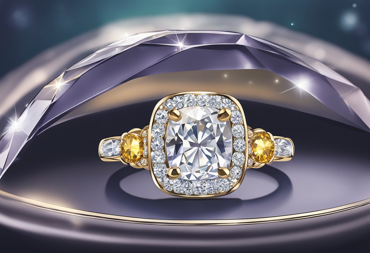 A sparkling diamond ring sits on a velvet cushion in a luxurious jewelry store in Singapore. The ring glistens under the bright lights, showcasing its exquisite beauty and craftsmanship