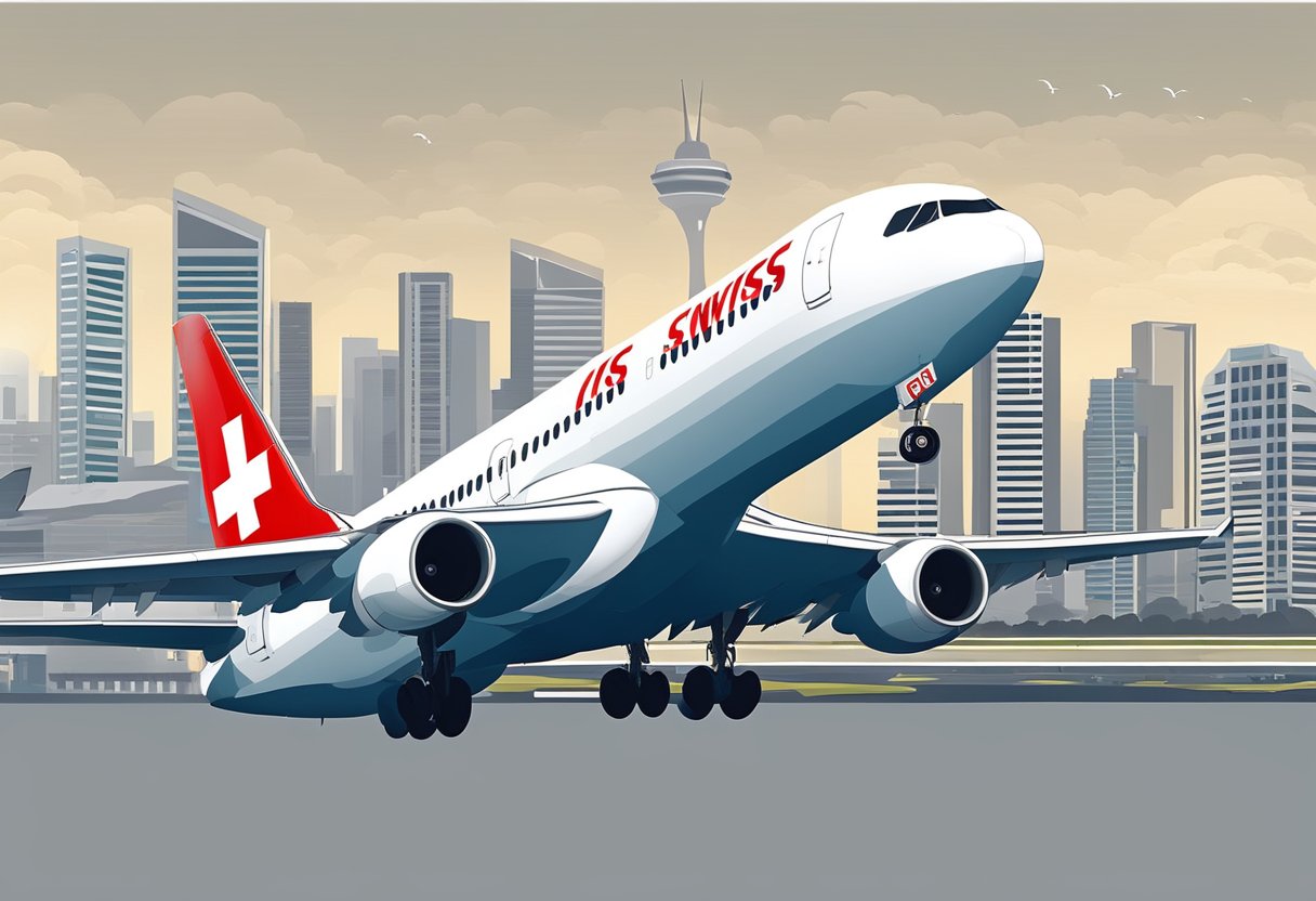 A Swiss Air plane takes off from Singapore airport, with the iconic city skyline in the background