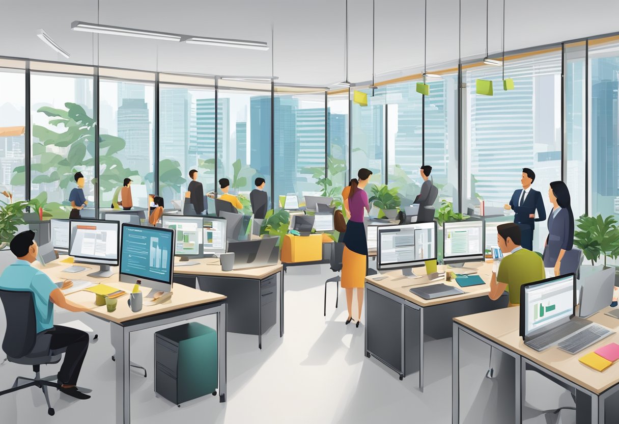 A bustling office with people seeking information from a prominently displayed "Frequently Asked Questions" board in Singapore