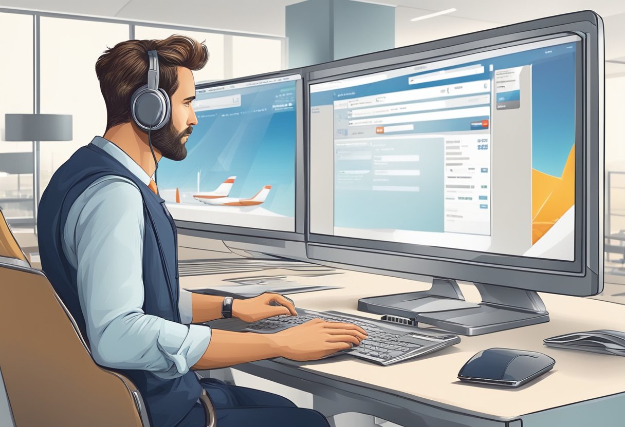 A traveler enters Swiss Air office, selects a flight on the computer, and completes the booking process with a credit card