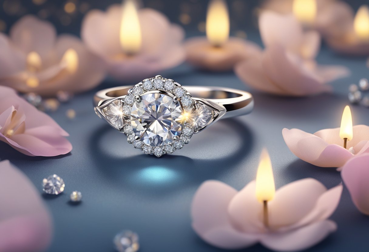 A sparkling diamond engagement ring rests atop a velvet box, surrounded by soft candlelight and petals, symbolizing the journey to your dream ring