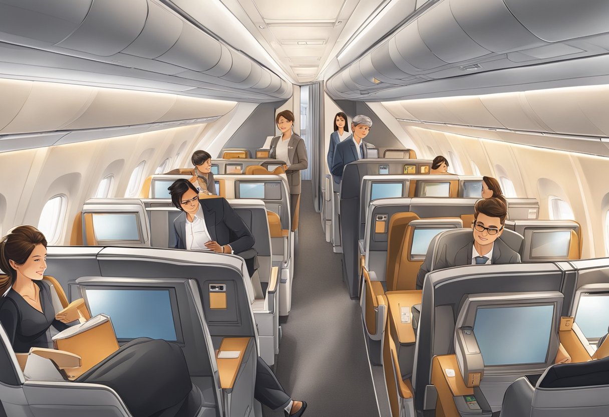 Passengers enjoy luxury amenities and attentive service in the spacious and modern cabin of Swiss Air's Singapore-bound flight