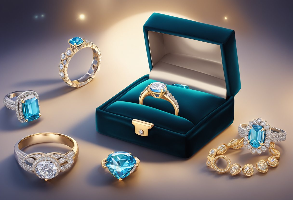 A sparkling diamond ring displayed on a luxurious velvet cushion, surrounded by elegant jewelry boxes and soft lighting