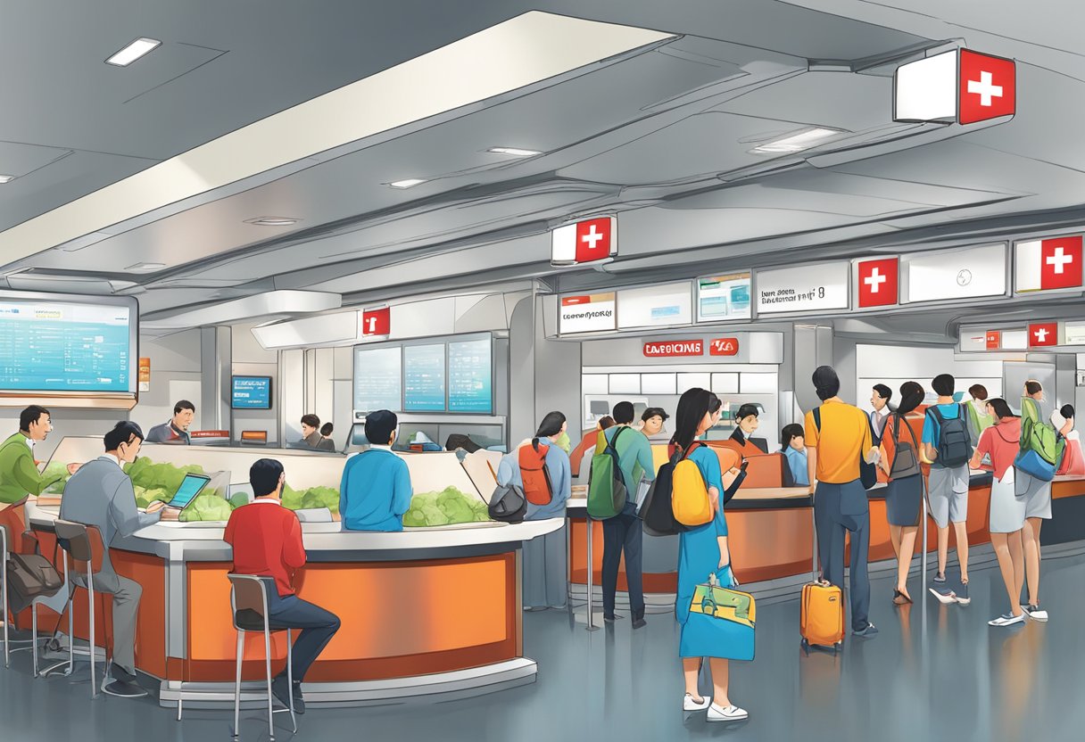 Passengers at Swiss Air Singapore counter, reading FAQ signs