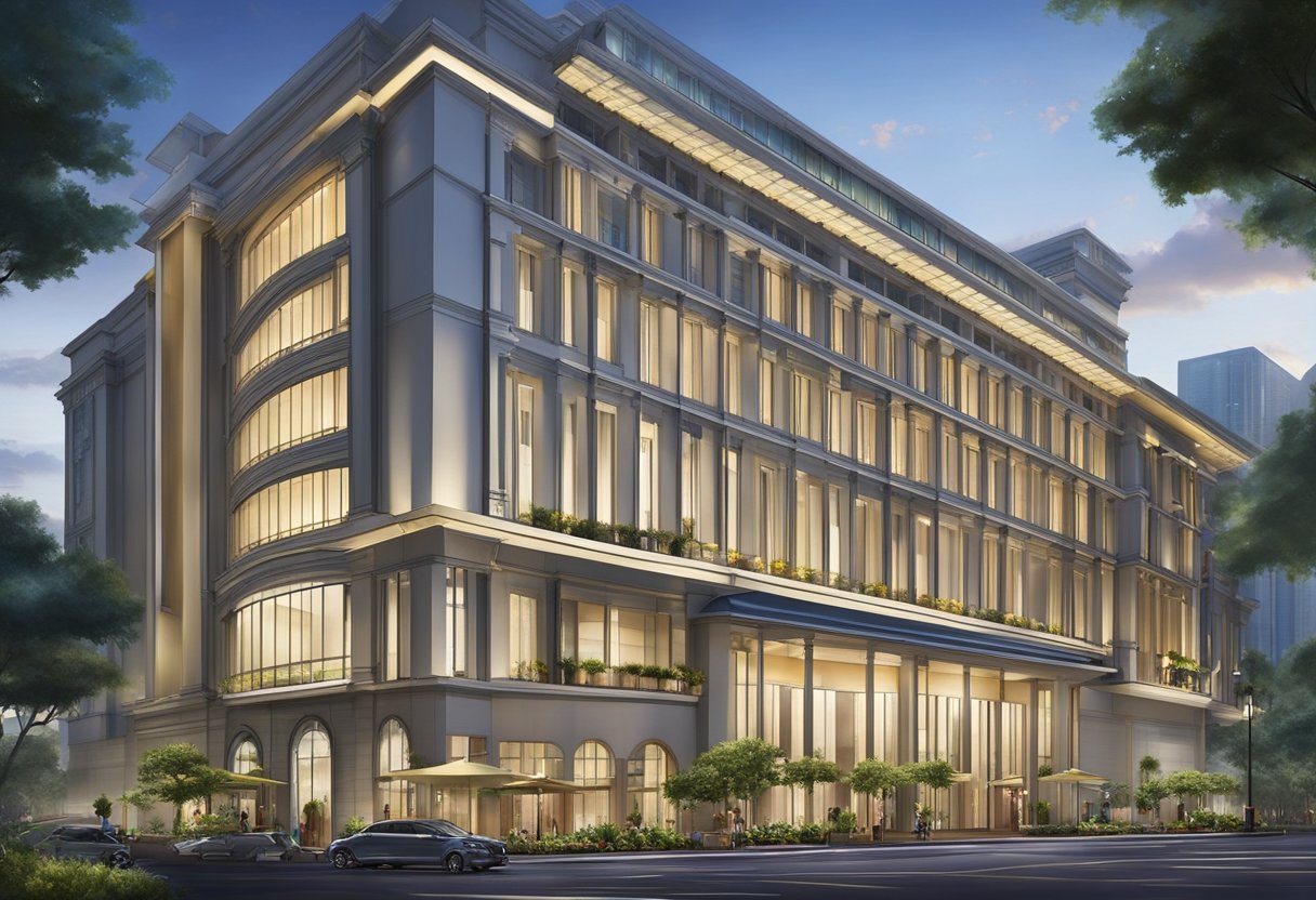 The hotel Chancellor Singapore stands tall and elegant, with its modern architecture and sleek design. The entrance is adorned with a grand lobby and welcoming staff, while the surrounding area is bustling with city life