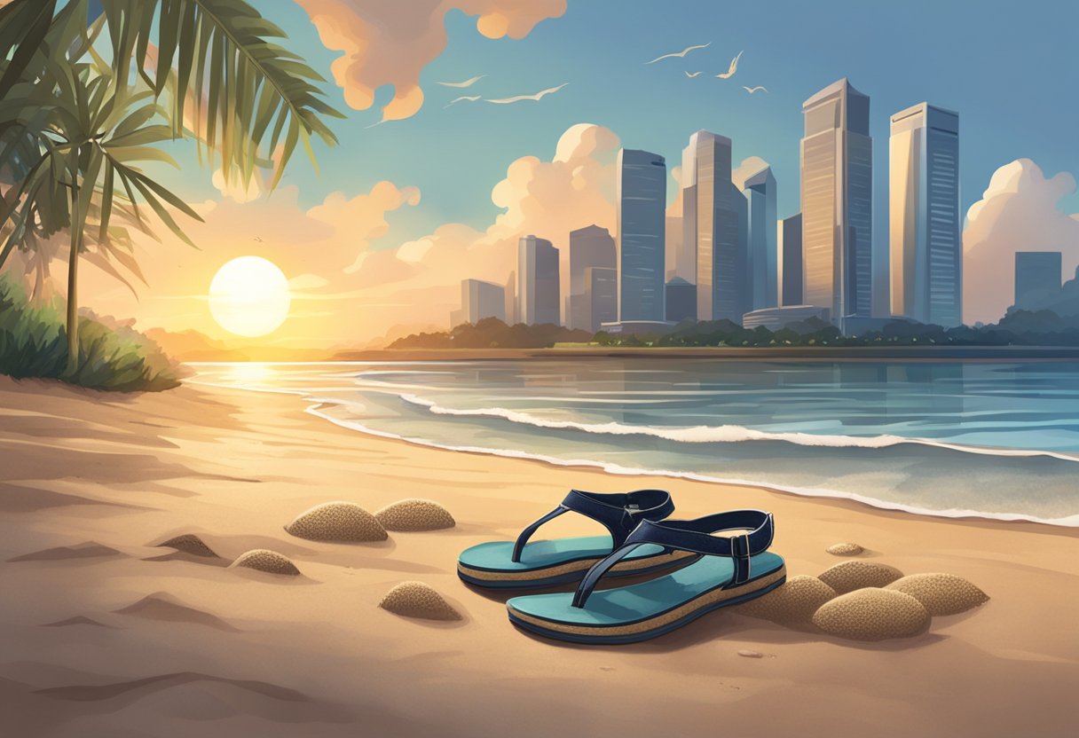 The sun sets over a sandy beach in Singapore, where a pair of saltwater sandals lay abandoned near the water's edge