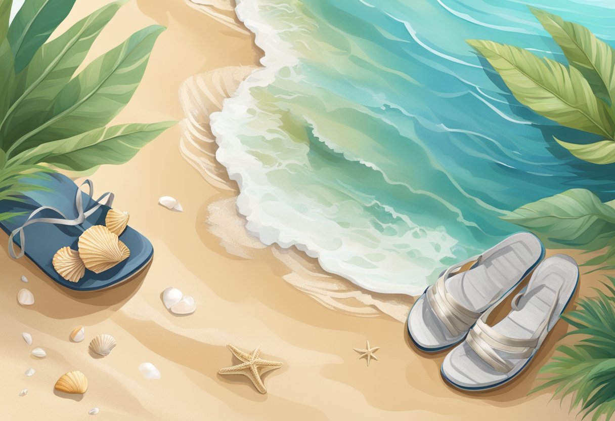 A beach with waves breaking on the shore, surrounded by seashells and seaweed, with a pair of salt-water sandals resting on the sand