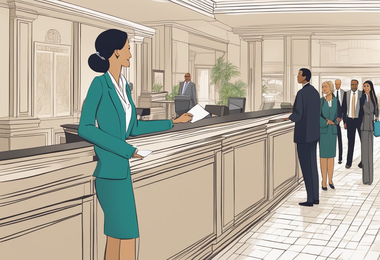 The hotel lobby buzzes with guests seeking information. A receptionist smiles as she answers questions. The FAQ board stands prominently in the background