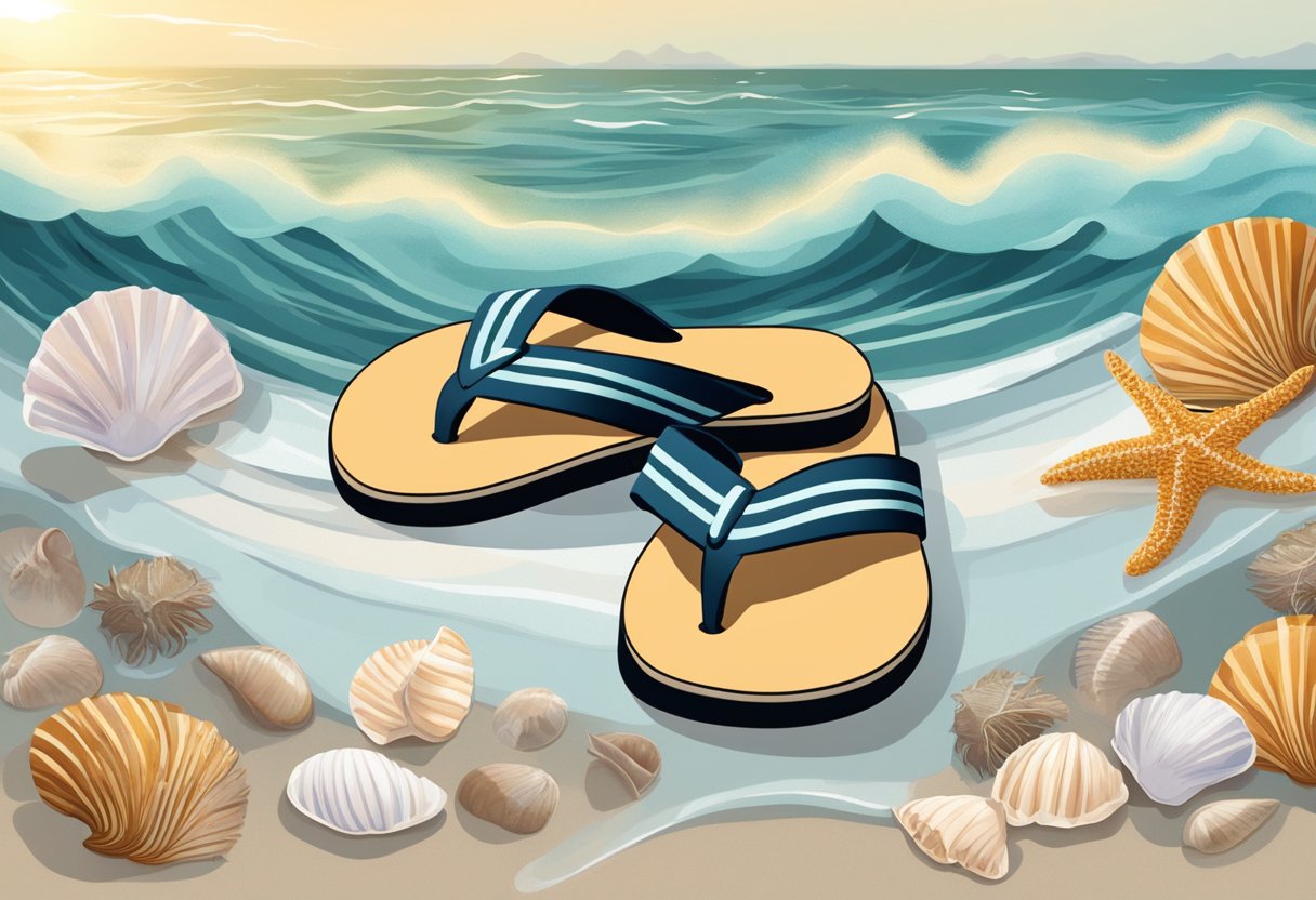 A pair of Salt-Water Sandals sits on a sandy beach, surrounded by seashells and seaweed, with waves crashing in the background