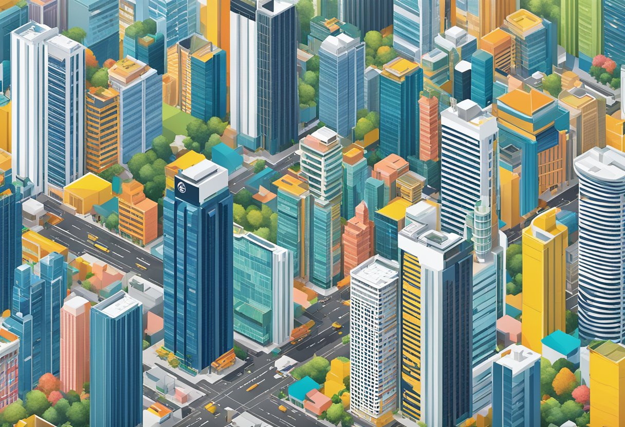 A bustling city skyline with TBWA Singapore's logo prominently displayed on a high-rise building, surrounded by modern architecture and vibrant street life